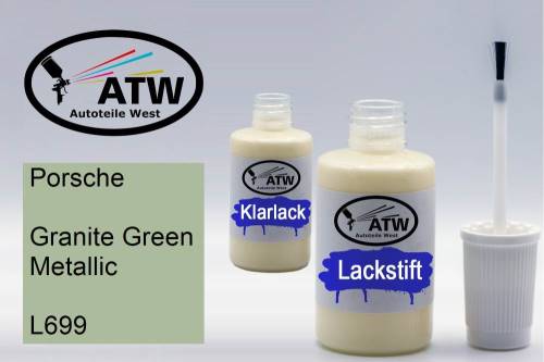 Porsche, Granite Green Metallic, L699: 20ml Lackstift + 20ml Klarlack - Set, von ATW Autoteile West.